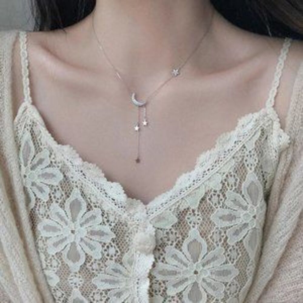 925 Sterling Silver Diamond Moon Star Necklace H